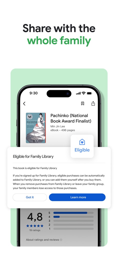 Google Play Books & Audiobooks - Cet outil facilite le partage de vos acquisitions numériques, avec une visibilité claire de l'éligibilité pour la Bibliothèque Famille et des évaluations détaillées pour chaque titre.