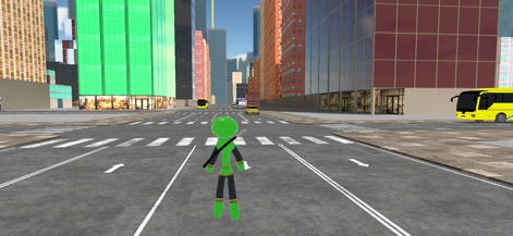 Stickman Spider Rope Hero Game - L'app presenta il suo eroe stickman al centro di un dinamico paesaggio cittadino, evidenziando le strisce pedonali chiare e gli imponenti grattacieli che definiscono l'ambiente di gioco.