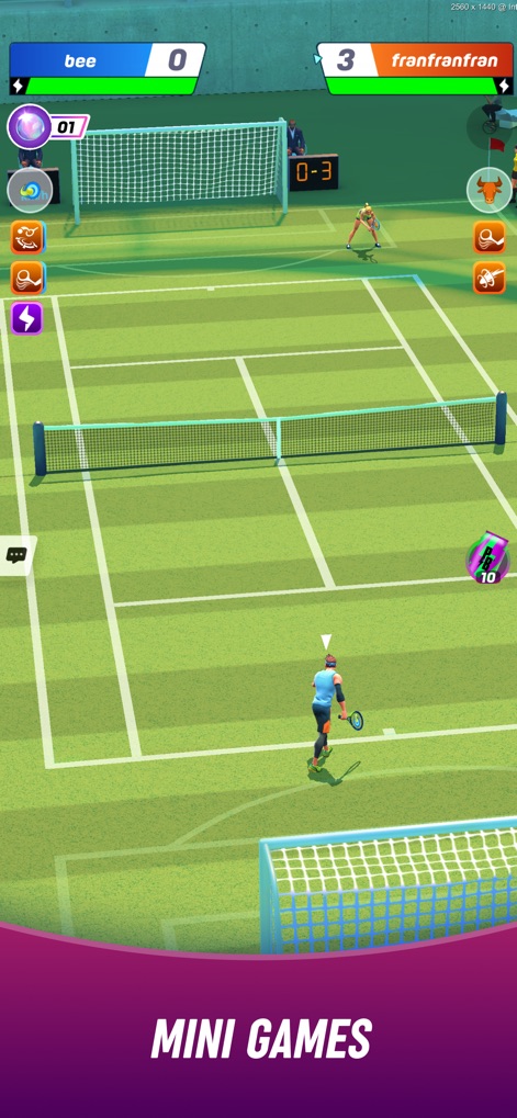 Tennis Clash：Sports Stars Game - Explore various play styles on unique green courts, showcasing different match formats and in-game challenges.