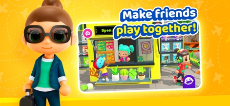 World Travel Stories - Airport - El juego fomenta la interacción social, mostrando un personaje atendiendo un puesto de mercado y otros personajes explorando los productos.