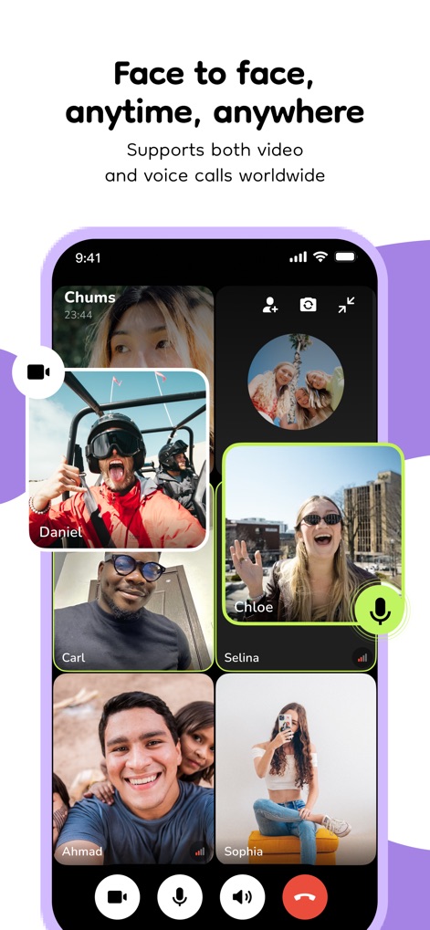 buz - voice connects - The app supports seamless multi-party video calls, allowing users to connect face-to-face with friends in a dynamic grid layout and accessible call controls.