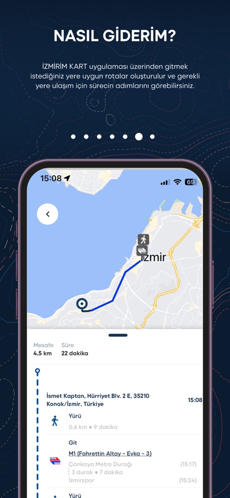 İzmirim Kart - Dijital Kart - The app provides comprehensive route planning, showing estimated travel "Mesafeler" (distances) and "Süre" (durations) with turn-by-turn guidance for walking and public transit.