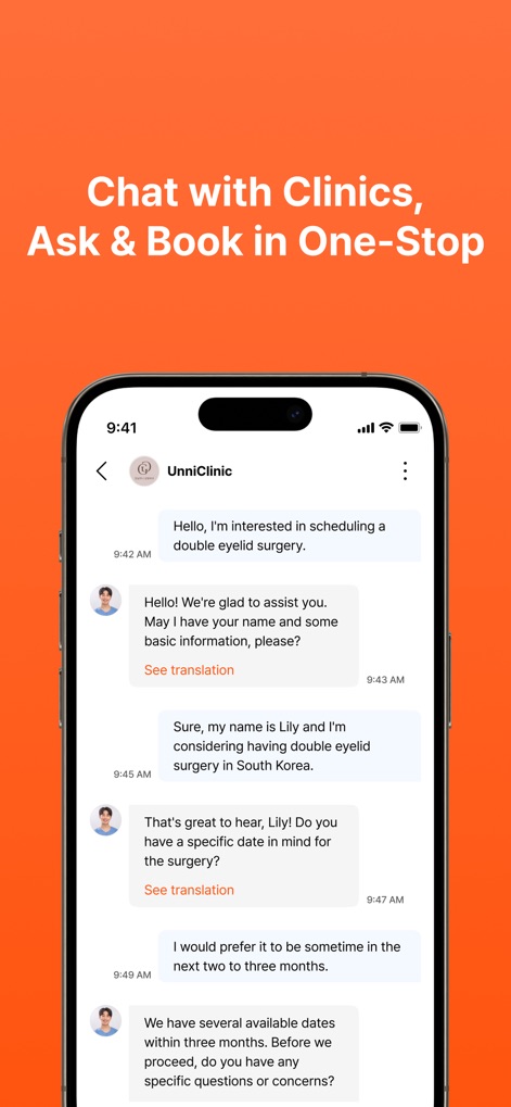UNNI: Glow up in Korea - O aplicativo oferece um recurso de chat 24/7, permitindo que os usuários se comuniquem diretamente com as clínicas, com opções de agendamento para procedimentos e funcionalidade de tradução para superar barreiras linguísticas.