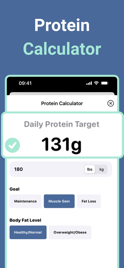 Protein Tracker: Protein Pal - Esta herramienta permite a los usuarios definir su objetivo proteico diario mediante una sencilla calculadora, con opciones claras para metas como 'Muscle Gain' o 'Fat Loss'.