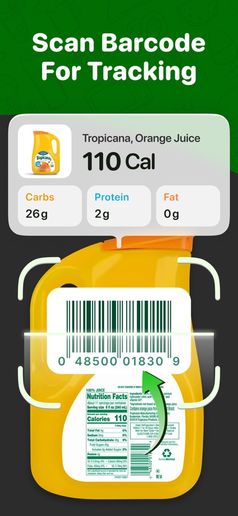 Calo: AI Food Calorie Counter - Users can quickly access nutritional data by scanning product barcodes, instantly displaying information such as the '110 Cal' and '26g Carbs' for packaged foods.