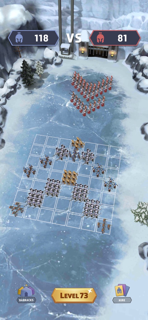 Kingdom Clash:Medieval Defense - Witness strategic army placement on a distinct icy terrain battlefield, indicating varied environments and the visible "Level Up" progress.