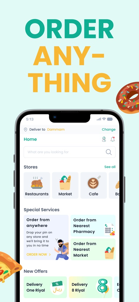 Mr Mandoob | Anything Delivery - La pantalla de inicio de la aplicación presenta una interfaz clara con categorías como "Restaurantes" y "Mercado", permitiendo a los usuarios descubrir servicios esenciales y ofertas.