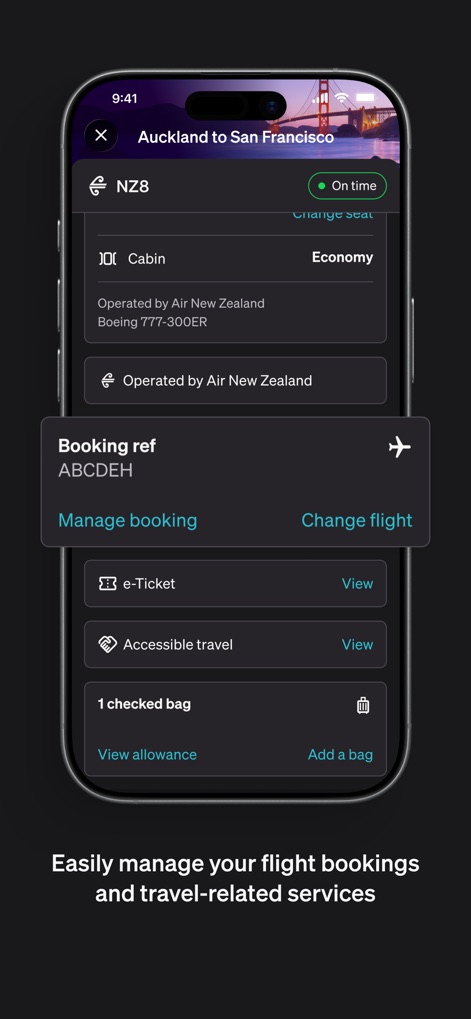 Air NZ - Users can efficiently manage their bookings, accessing options for e-Tickets and adjusting checked bag allowances.