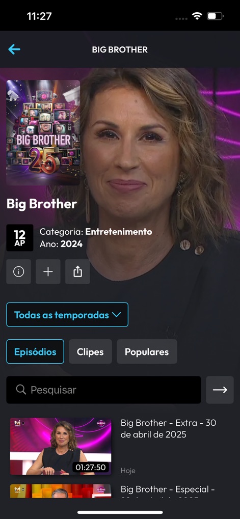 TVI Player - Explore detailed program information, including genre and year, alongside conveniently organized content options like 'Todas as temporadas' and individual episode listings.