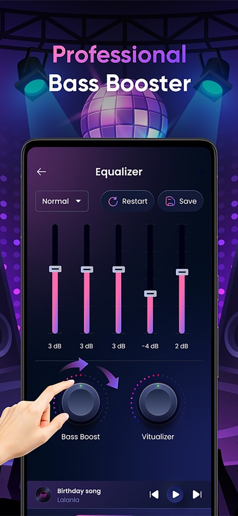 Volume Booster App - La aplicación ofrece un ecualizador integrado para un control de audio preciso, con deslizadores individuales para ajustar frecuencias y controles rotatorios para "Bass Boost" y "Virtualizer".