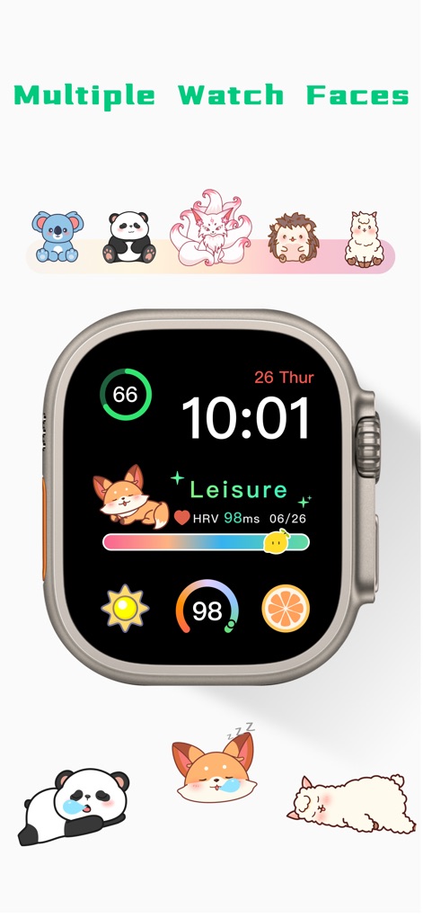 LemonHRV: Stress HRV for Watch - Personalize the app experience with diverse animal character watch faces, enhancing the "Leisure" status display and overall aesthetic.