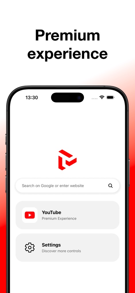 ProTube: Block Ads on Video - See how the app's clean interface presents a prominent search bar and quick access buttons for YouTube and Settings, enabling users to begin their premium experience effortlessly.