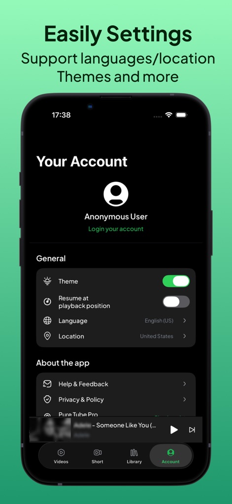 Pure Tube - Video Player - Users can customize their experience with adjustable app theme options and diverse language and location settings to suit their preferences.