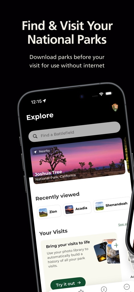 National Park Service - Esta pantalla de inicio permite a los usuarios descubrir parques cercanos como Joshua Tree y acceder rápidamente a los parques vistos recientemente, facilitando la planificación de sus aventuras.