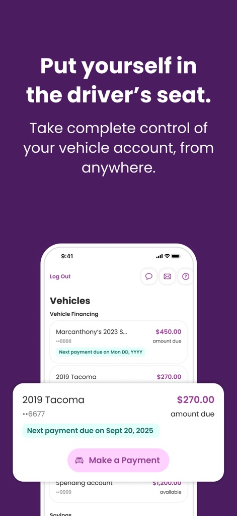 Ally: Bank, Auto & Invest - The app allows users to view details for multiple vehicles, such as the '2019 Tacoma', and conveniently schedule payments with the 'Make a Payment' button.