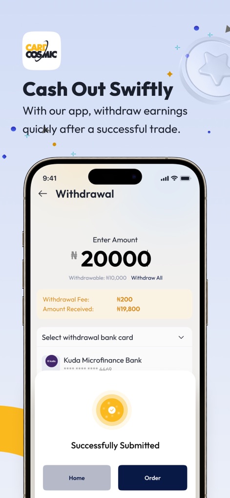 CardCosmic - The dedicated 'Withdrawal' interface allows users to input the amount they wish to cash out and review the transparent fee breakdown, then securely select their preferred 'Kuda Microfinance Bank' account for a swift transaction completion.