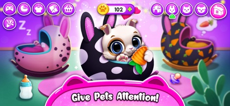 FLOOF - My Pet House - The app highlights pet nurturing activities, like feeding a bunny a carrot, and offers a clear interface for selecting and caring for various pets.