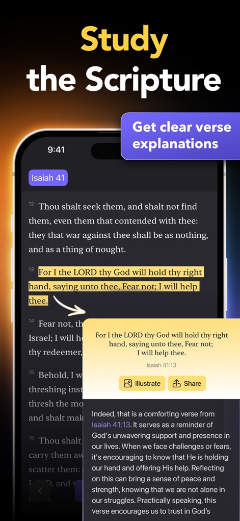 Faithe: Bible Videos & Study - This tool provides clear verse explanations, highlighting specific passages and offering options to 'Illustrate' or 'Share' insights directly from the text.