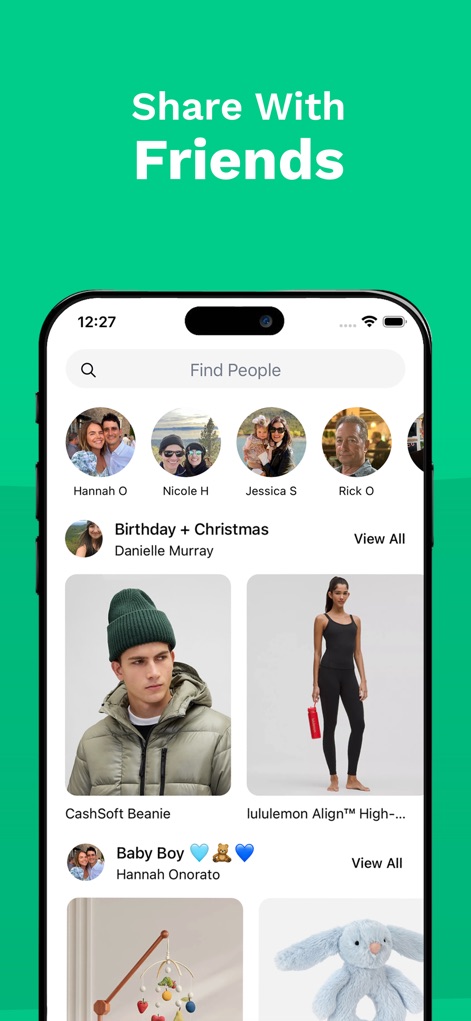 Giftful - Wishlist & Registry - Giftful fosters social connections, allowing users to easily 'Find People' and explore shared lists from friends, like the combined 'Birthday + Christmas' wishlist from Danielle Murray.