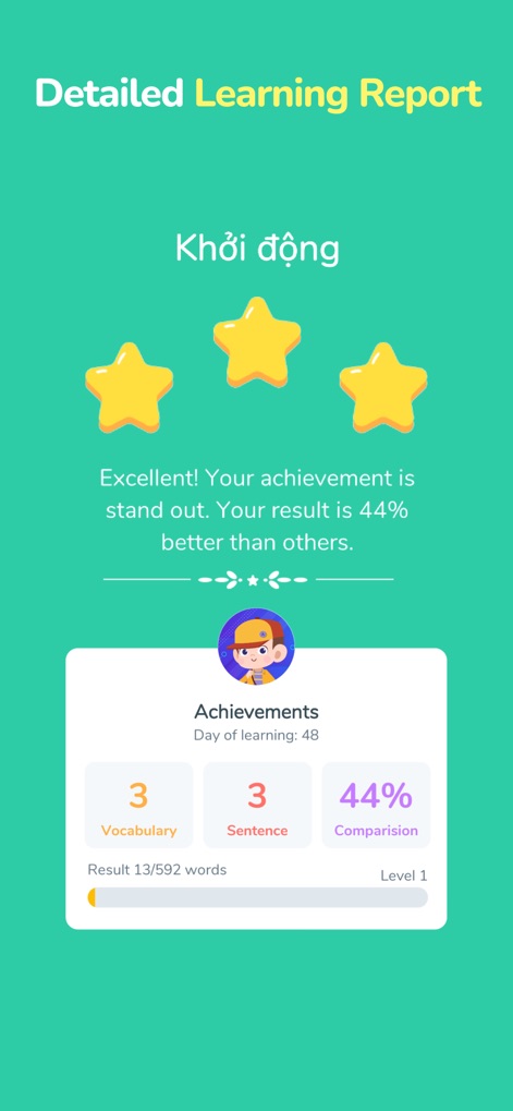 Babilala: Tiếng Anh Online - Access a 'Detailed Learning Report' that clearly displays achievements with star ratings and visual progress bars for vocabulary and sentence mastery.