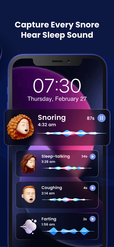 Sleep Monitor: Sleep Tracker - Dieses Tool erfasst und kategorisiert nächtliche Geräusche wie Schnarchen und Schlafreden, wobei die Dauer jeder Aufnahme mit einem Play-Button zur Wiedergabe angezeigt wird.