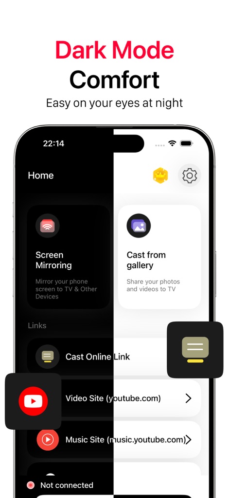 UbeCast - Para conforto visual, o aplicativo oferece um modo escuro, como visto na interface escura que reduz o brilho e no contraste de cores otimizado para ambientes com pouca luz.