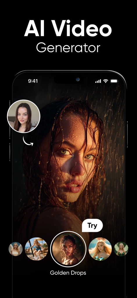 Shots: AI Photo Video Creator - See how the app transforms a single selfie into captivating AI-generated videos, showcasing the "Golden Drops" style and various transformation options.