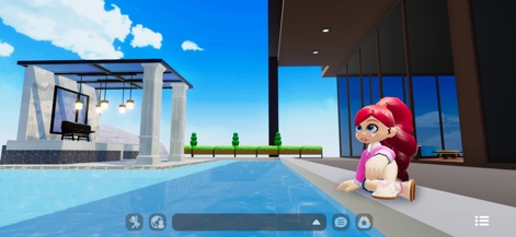 Livetopia: Party! - Esta captura muestra a un avatar con su distintivo cabello rojo disfrutando de un momento de tranquilidad junto a una piscina con un moderno diseño arquitectónico.