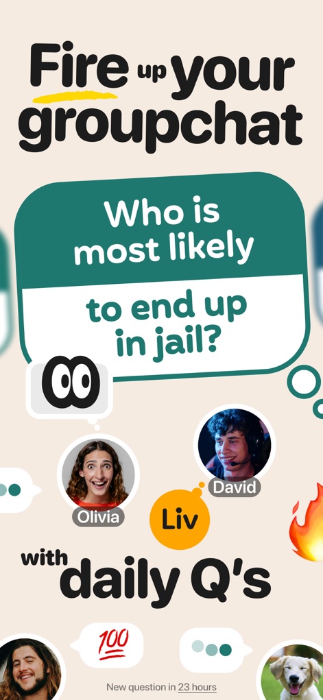askUs: Whos most likely to - See how the app presents engaging daily questions and displays friend avatars for interactive group participation.