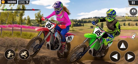 Dirt Bike Racing Simulator 3D - Esta ferramenta apresenta a diversidade de pilotos, incluindo uma figura feminina e uma masculina, competindo lado a lado em uma paisagem campestre.