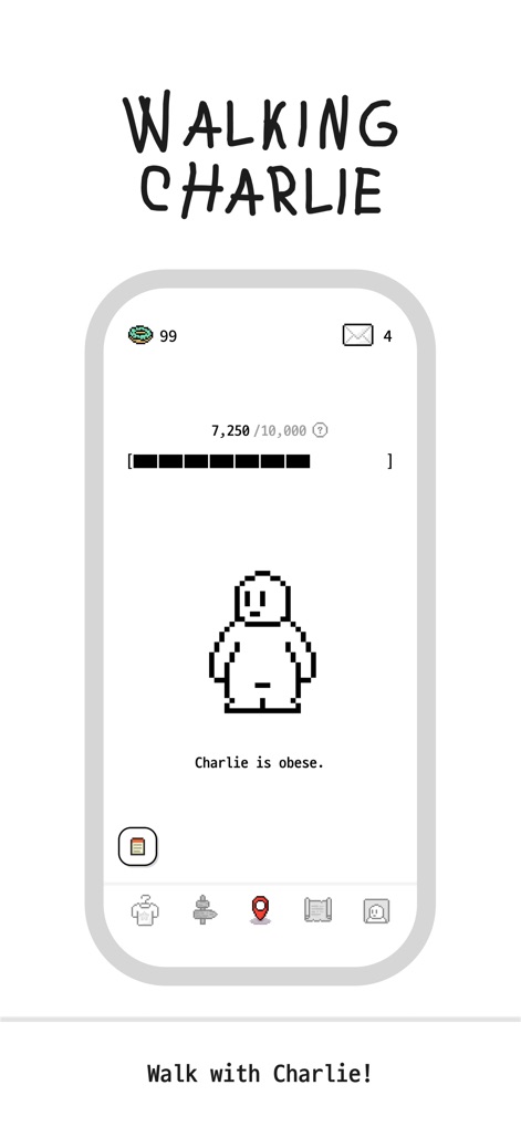 Charlie - Walking Charlie - The app clearly displays the user's current step count and goal progress, alongside a dynamic pixel art Charlie character reflecting its health status.