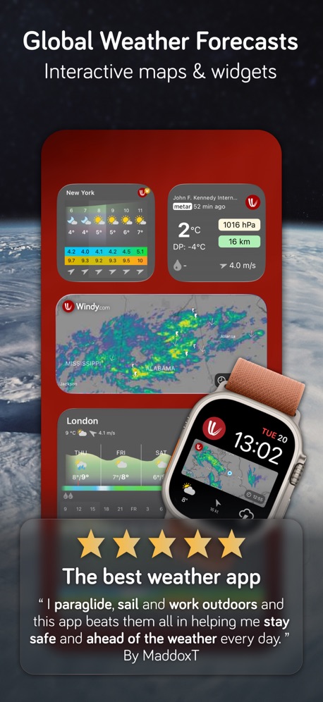 Windy.com App Store screenshot 3, headline “Global Weather Forecasts”. Star rating shown.
