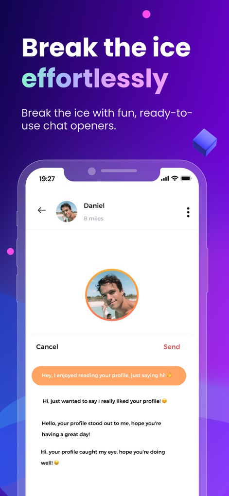 Cougar Dating: Age Gap Love - ユーザーは、相手のプロフィール写真を確認しつつ、用意された複数の「定型メッセージ」の選択肢から選ぶことで、気軽に会話を始めることができます。