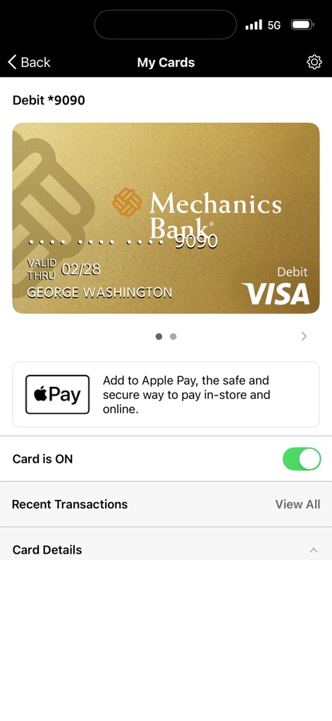 Mechanics Bank Mobile Plus - Users benefit from comprehensive card management, featuring a digital representation of their debit card and a prominent "Add to Apple Pay" button for secure mobile payments.