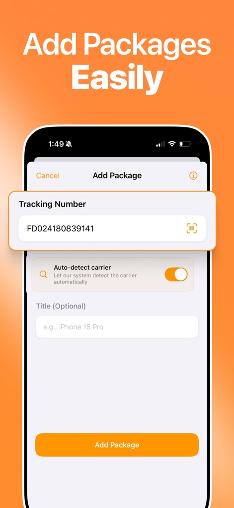 Package Tracker & Track Parcel - La herramienta simplifica el proceso de añadir nuevos paquetes con un campo de entrada claro para el 'Tracking Number' y un práctico interruptor de 'Auto-detect carrier' que agiliza la configuración.