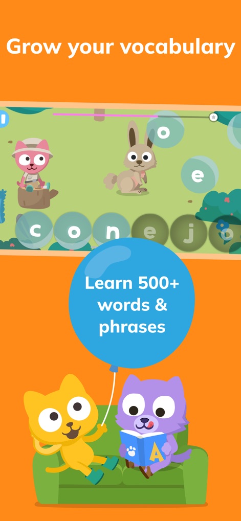 Learn Spanish – Studycat - Users can expand their vocabulary through interactive games, like connecting letters to spell "conejo" and tracking progress with the "Learn 500+ words & phrases" balloon.