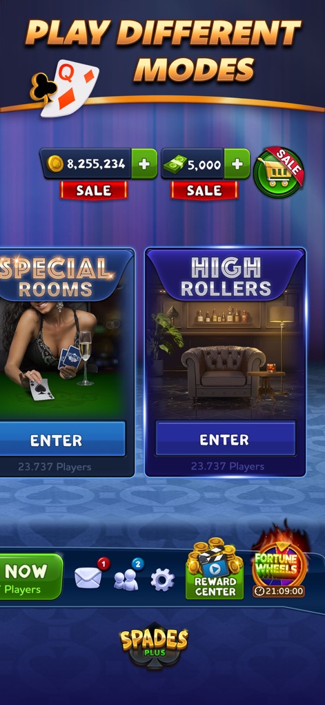 Spades Plus - Card Game - Explore the variety of game options, including 'Special Rooms' and 'High Rollers', catering to different player preferences.