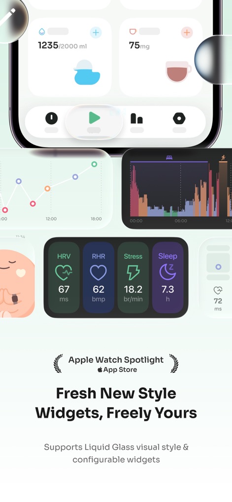 StressWatch: AI Stress Monitor - The app features interactive widgets that display essential health metrics like HRV, RHR, and stress levels on the home screen for quick access.