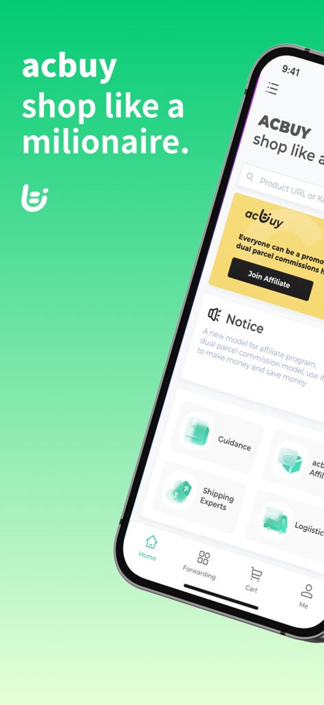AcBuy - The app's intuitive home screen features a prominent product search bar and quick-access icons for 'Guidance' and 'Shipping Experts'.