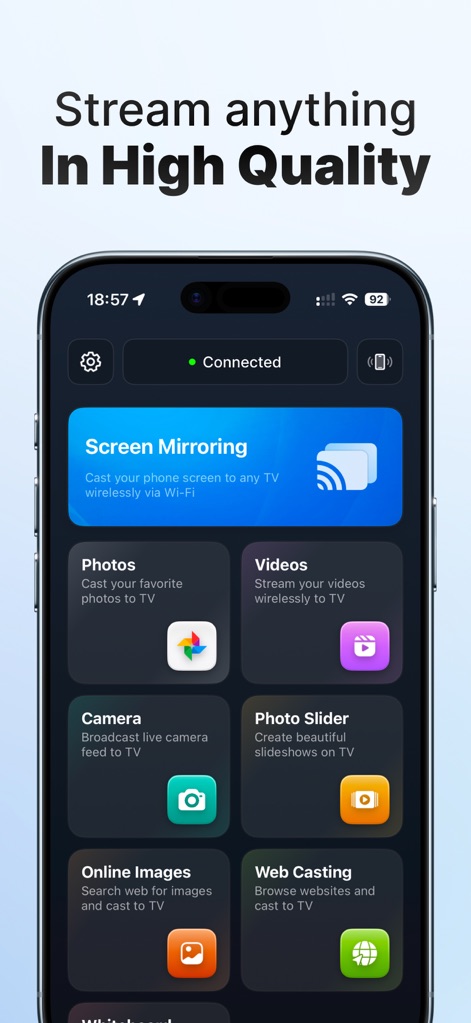 Screen Mirroring · TV Cast - Explorez le tableau de bord complet de l'application, présentant de multiples options de diffusion comme 'Screen Mirroring' et la diffusion de 'Photos' et 'Vidéos', toutes regroupées pour un accès facile.