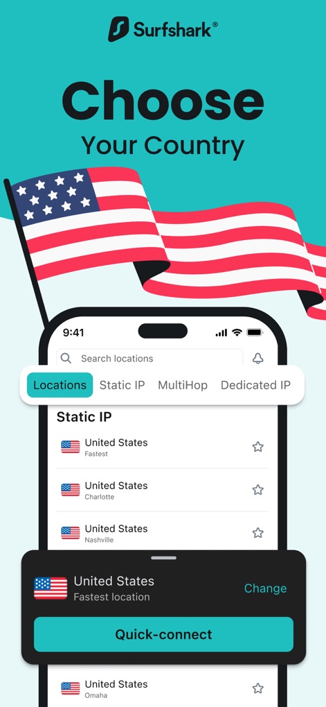 Surfshark VPN: Fast VPN App - Scegli la tua destinazione