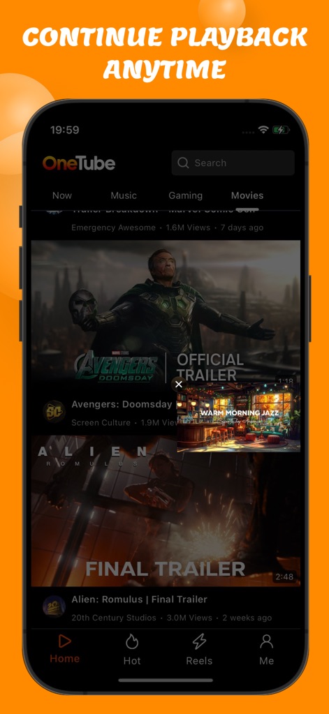 OneTube: Music & Video Player - The home screen dynamically categorizes content by type, such as 'Now' playing and 'Music', alongside a persistent mini-player for continuous listening or viewing.