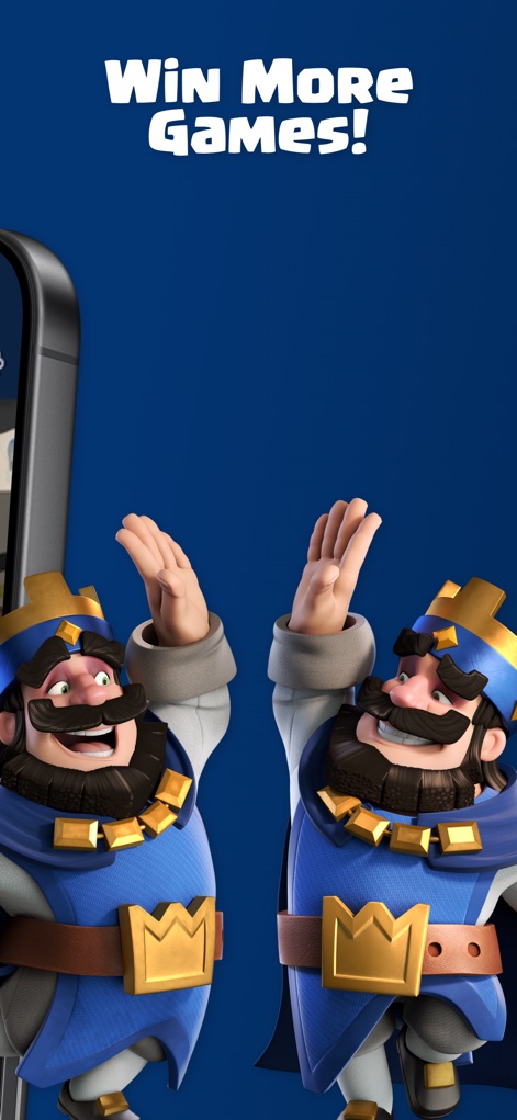 Stats Royale for Clash Royale - Esta imagen promocional inspira a los jugadores a mejorar su rendimiento, destacando el eslogan "Win More Games!" y representando el éxito con los reyes de Clash Royale celebrando.