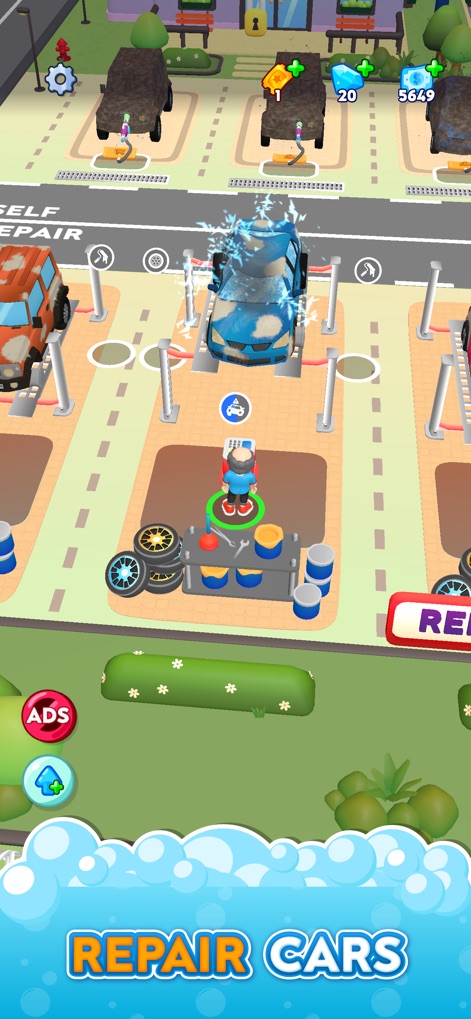 Laundry Rush - Idle Game - Examine the comprehensive car repair facility, equipped with essential tools and specialized bays for vehicle maintenance and restoration.