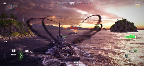 Warships Mobile: Naval Warfare - This image highlights the game's stunning visual aesthetics with a destroyer sailing during a sunset, featuring artistic missile trails and a picturesque lighthouse in the background.
