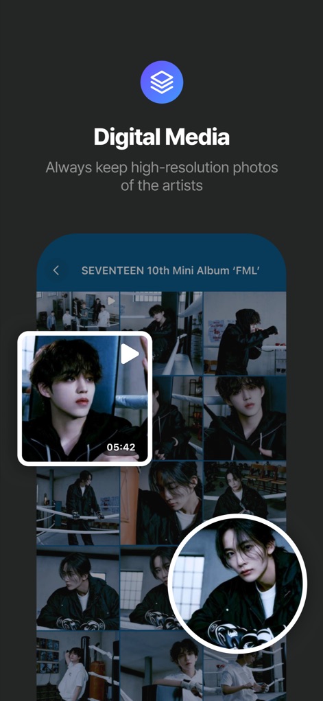Weverse Albums - Os fãs têm acesso a uma galeria de 'fotos de alta resolução' dos artistas e a 'vídeos exclusivos', enriquecendo a experiência com conteúdo visual adicional.
