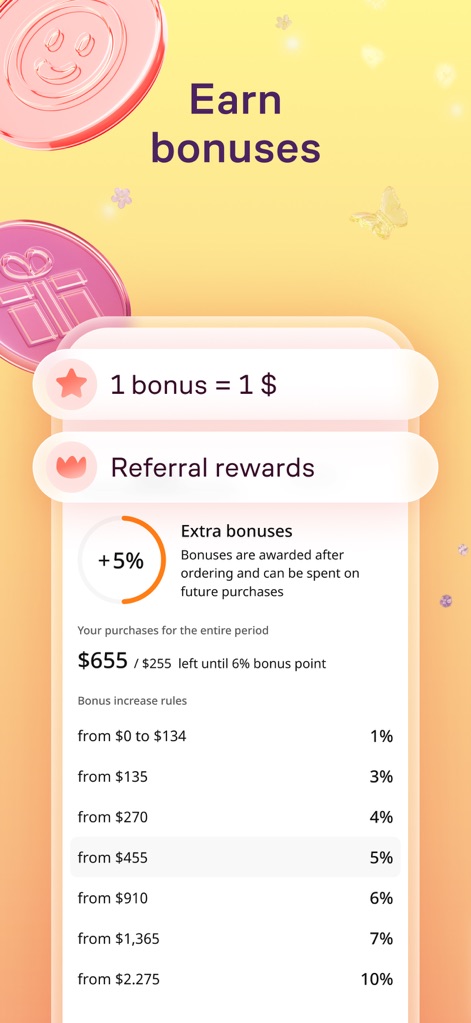 Flowwow: Flower Marketplace - Users benefit from the 'WowPass' loyalty program, where bonus points are earned on purchases and detailed 'Bonus increase rules' are transparently displayed.