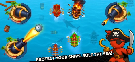Stick Fun Party Mini Games - La imagen muestra un emocionante combate naval con el intrépido pirata stickman y los cañones disparando a los barcos enemigos, invitando a 'PROTECT YOUR SHIPS, RULE THE SEA!'.