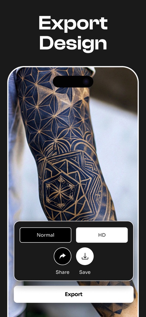 Tattooist: AI Tattoo Generator - Diese Ansicht ermöglicht es Nutzern, ein geometrisches Ärmel-Tattoo in hoher Qualität zu exportieren und bietet praktische Optionen zum Speichern oder Teilen des Designs.