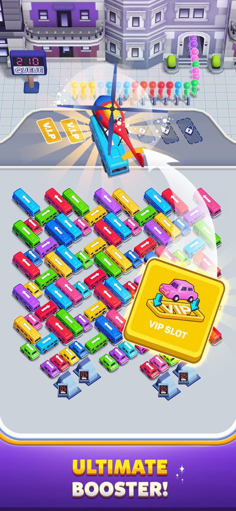 Bus Out - This scene introduces powerful in-game boosters, like a helicopter for vehicle manipulation and the 'VIP Slot' special ability for strategic advantages.